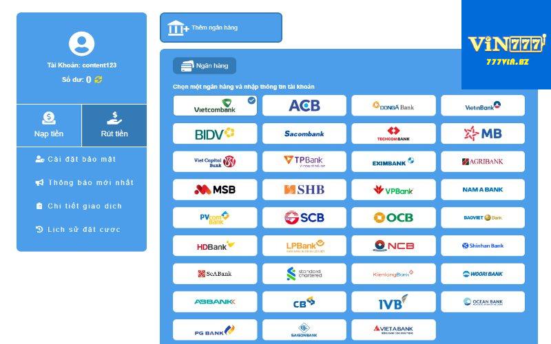 Hình thức rút tiền 777Vin qua ngân hàng